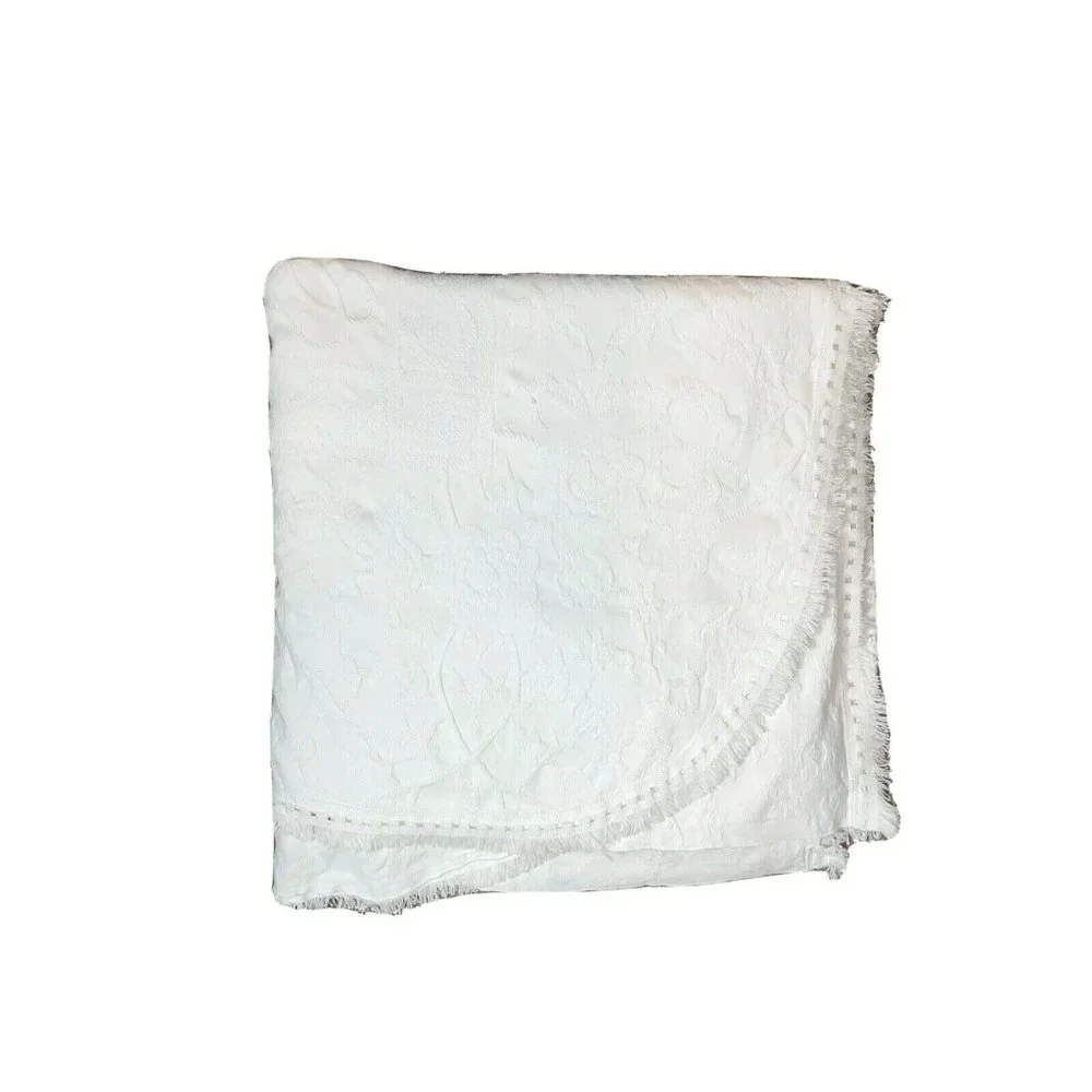 Vintage 1960s 1970s White Cotton Quilt Blanket Throw Bedspread Woven Fringe